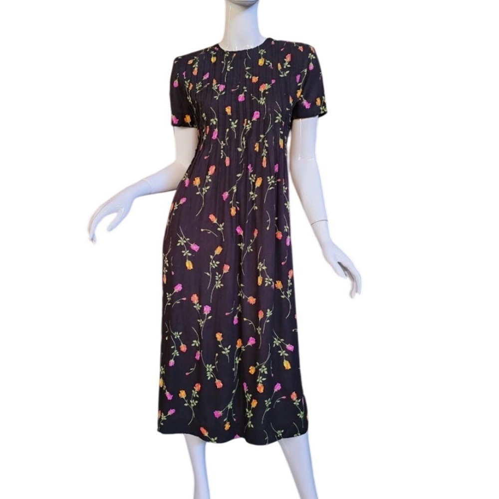 Vtg 90s Preppy Punk Reality Bites Tieback Empire Floral Rayon Midi Dress L/XL
